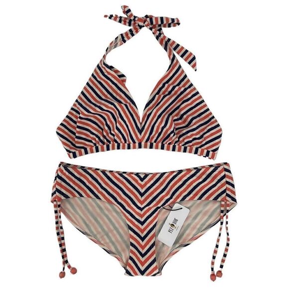 Pez D'Or Maternity Bikini Stripe Coral Navy White Ruched Side Ties XL NEW - Picture 1 of 8